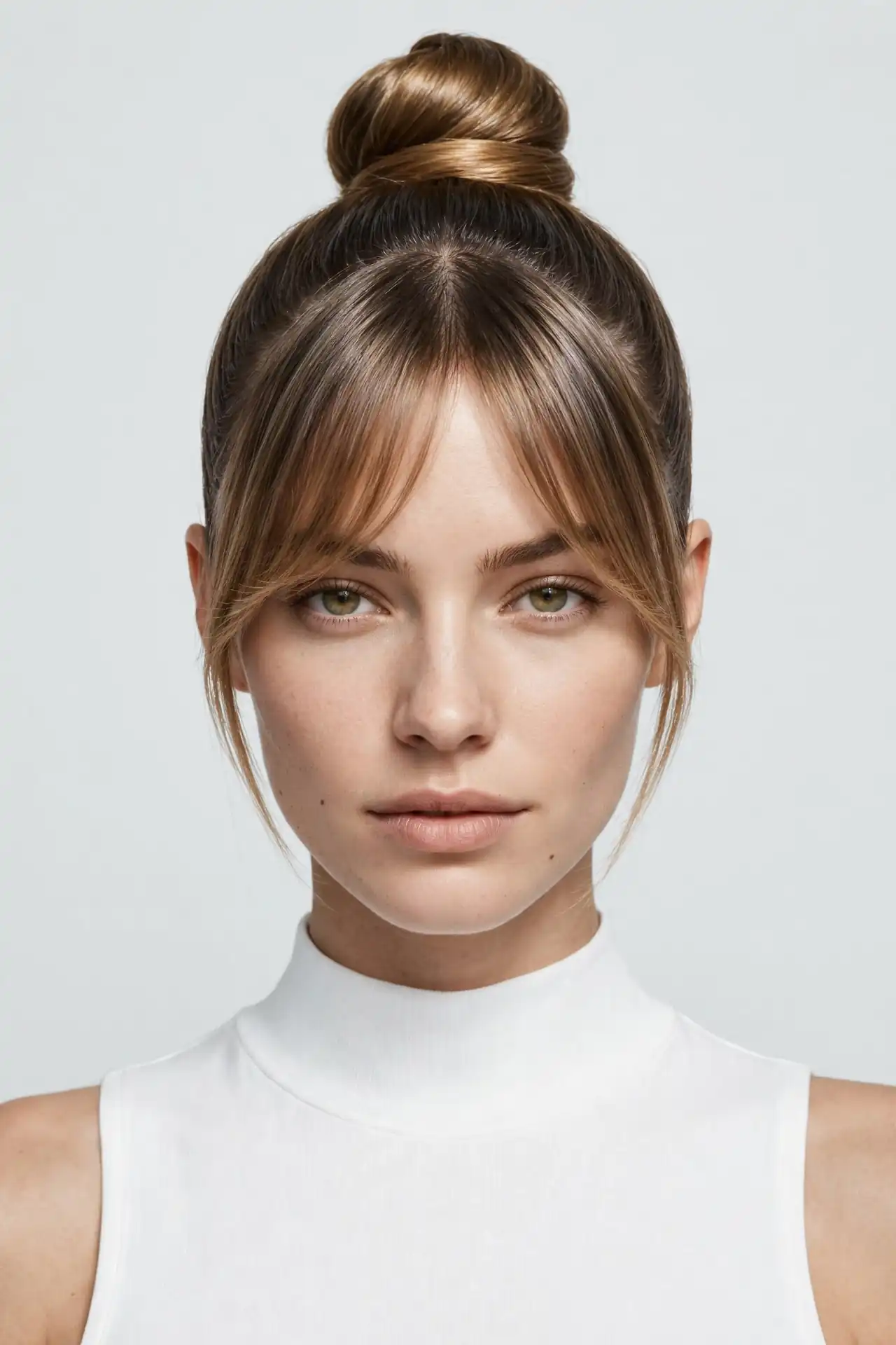 The Sleek Top Knot with Soft Curtain Bangs
