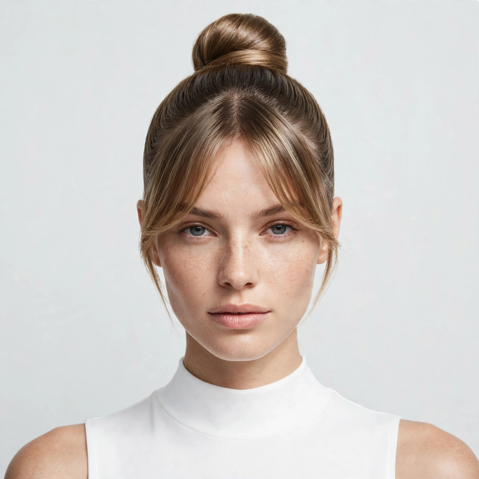 The Sleek Top Knot with Soft Curtain Bangs