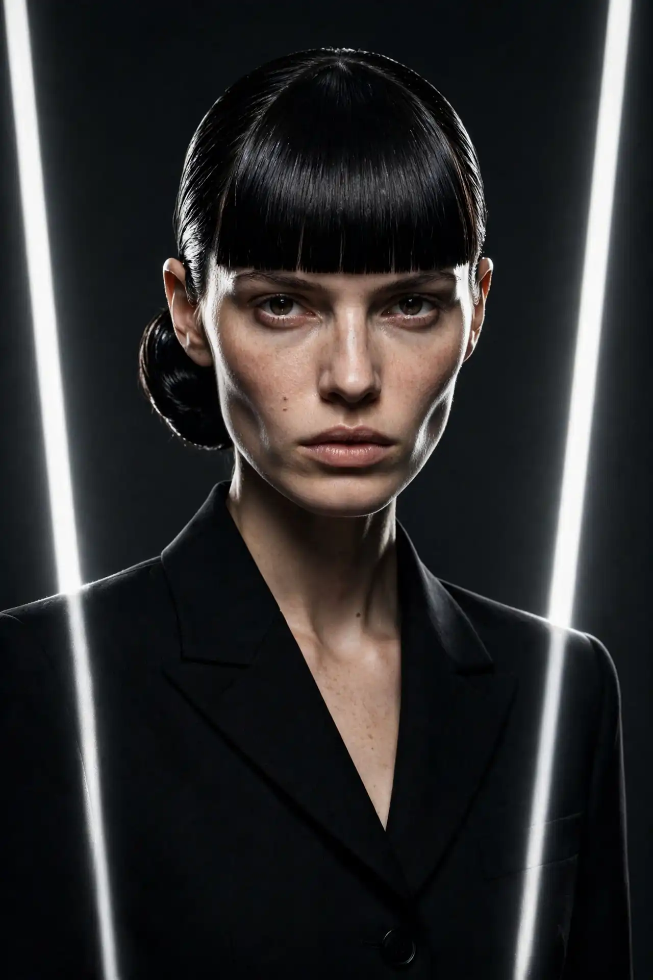 The Slicked-Back Low Bun with a Blunt Fringe