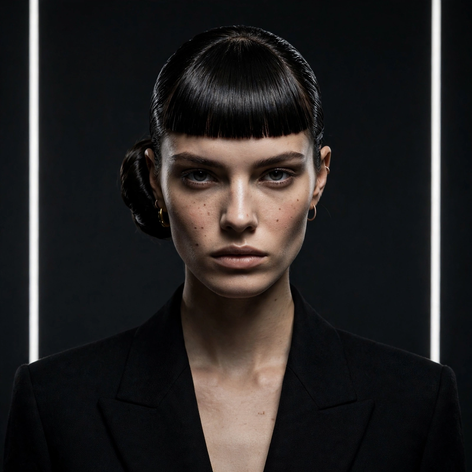 The Slicked-Back Low Bun with a Blunt Fringe