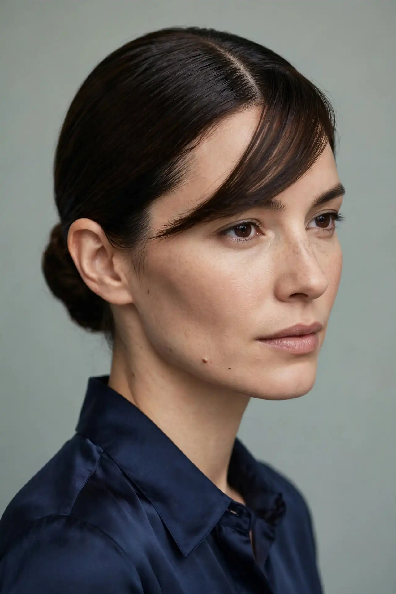 The Middle-Part Sleek Bun with a Side-Swept Fringe
