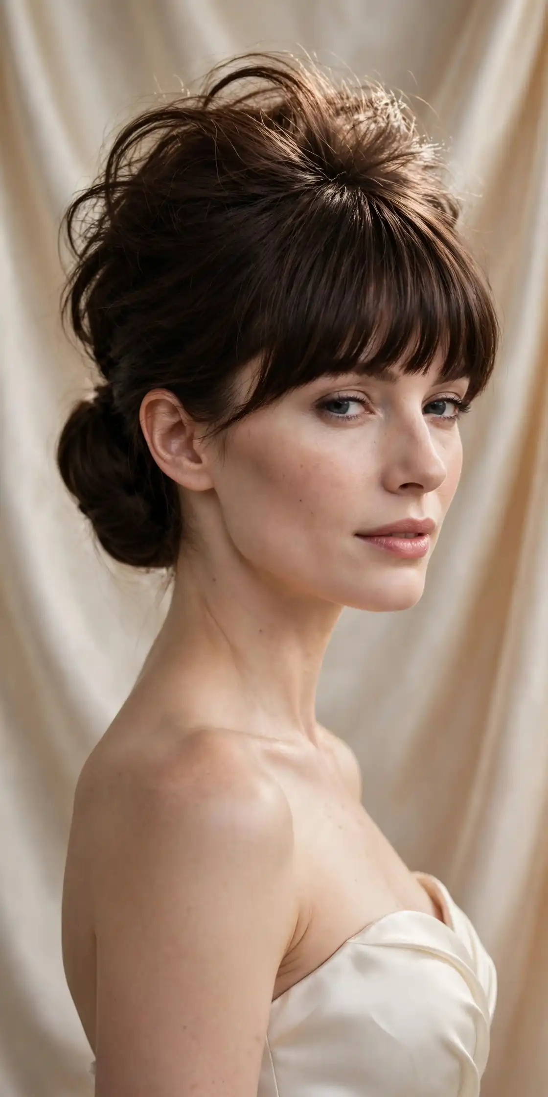 The Bouffant Low Bun with a Full Fringe