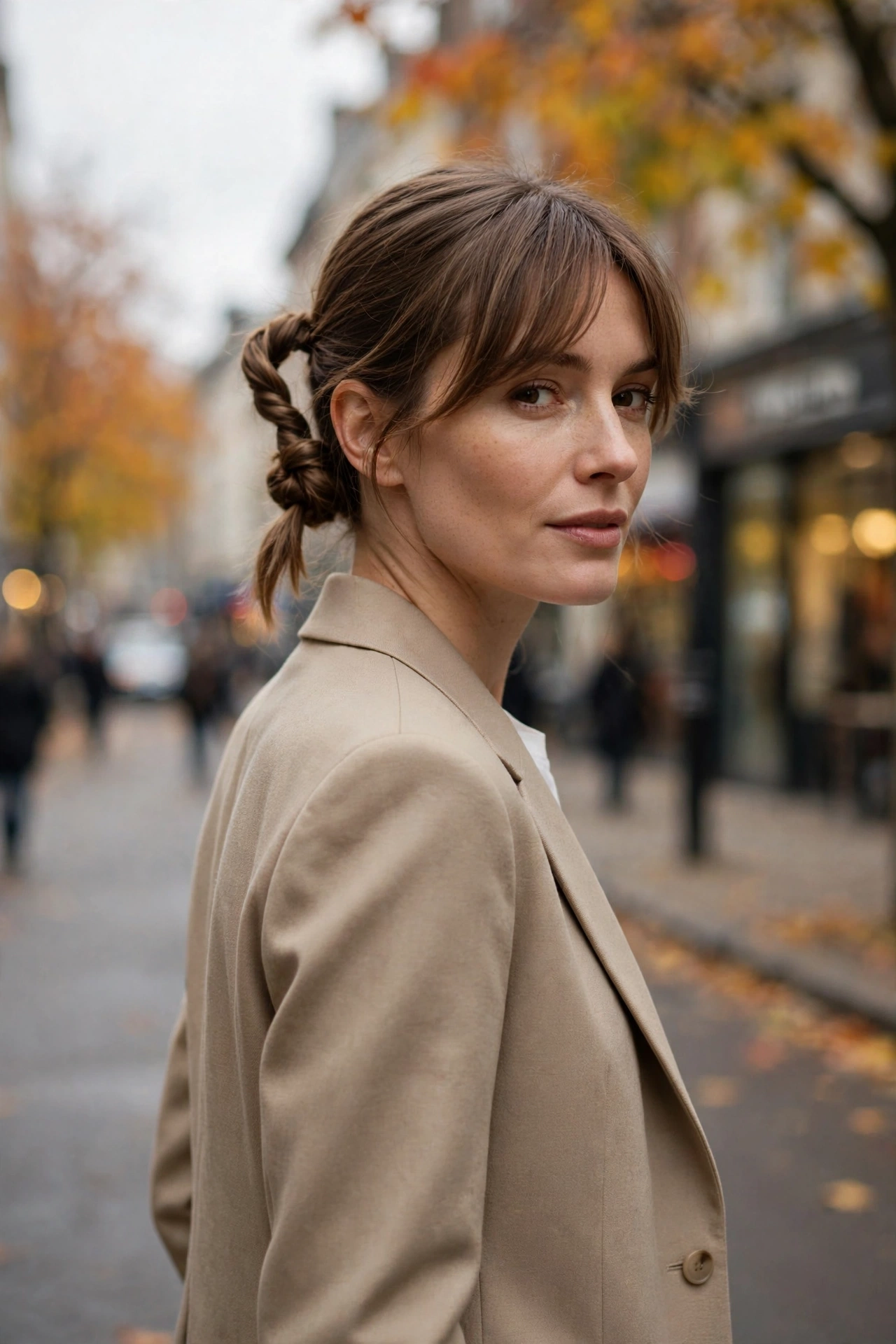 The Twisted Low Bun with a Side-Swept Fringe