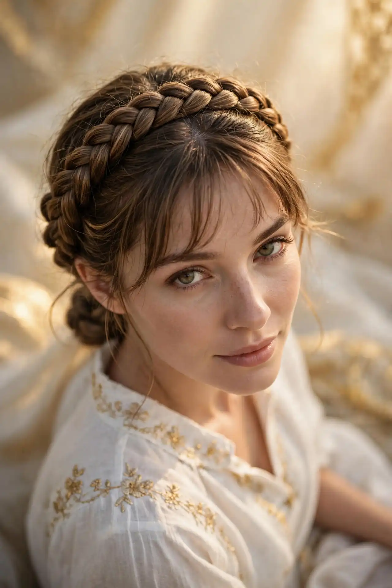 The Halo Braid Bun with a Wispy Fringe