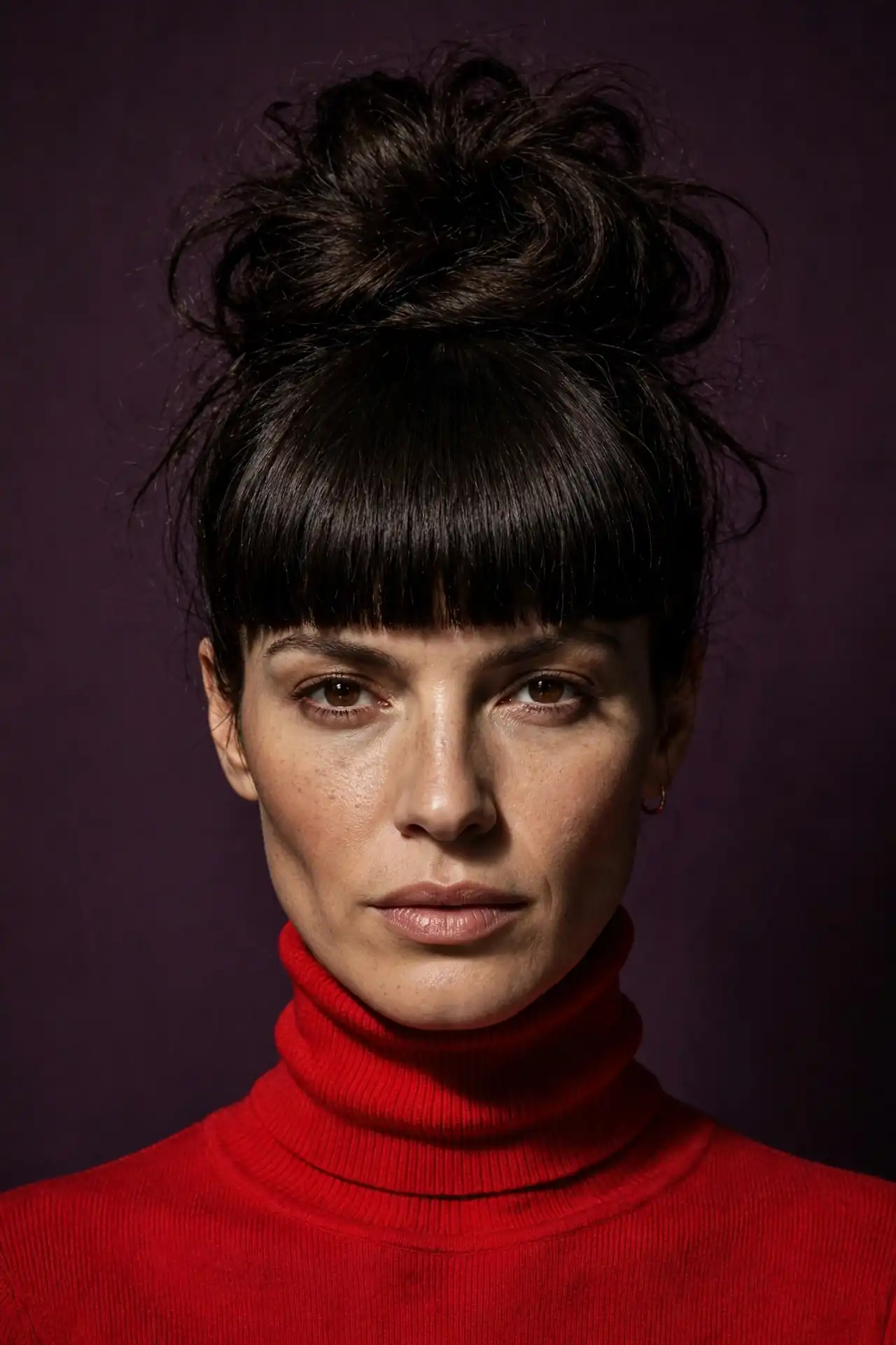 The High Bun with a Blunt Brow-Skimming Fringe