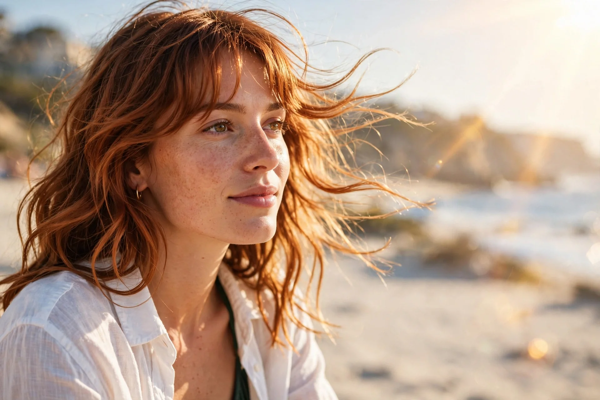 Beachy Waves with Copper Curtain Bangs