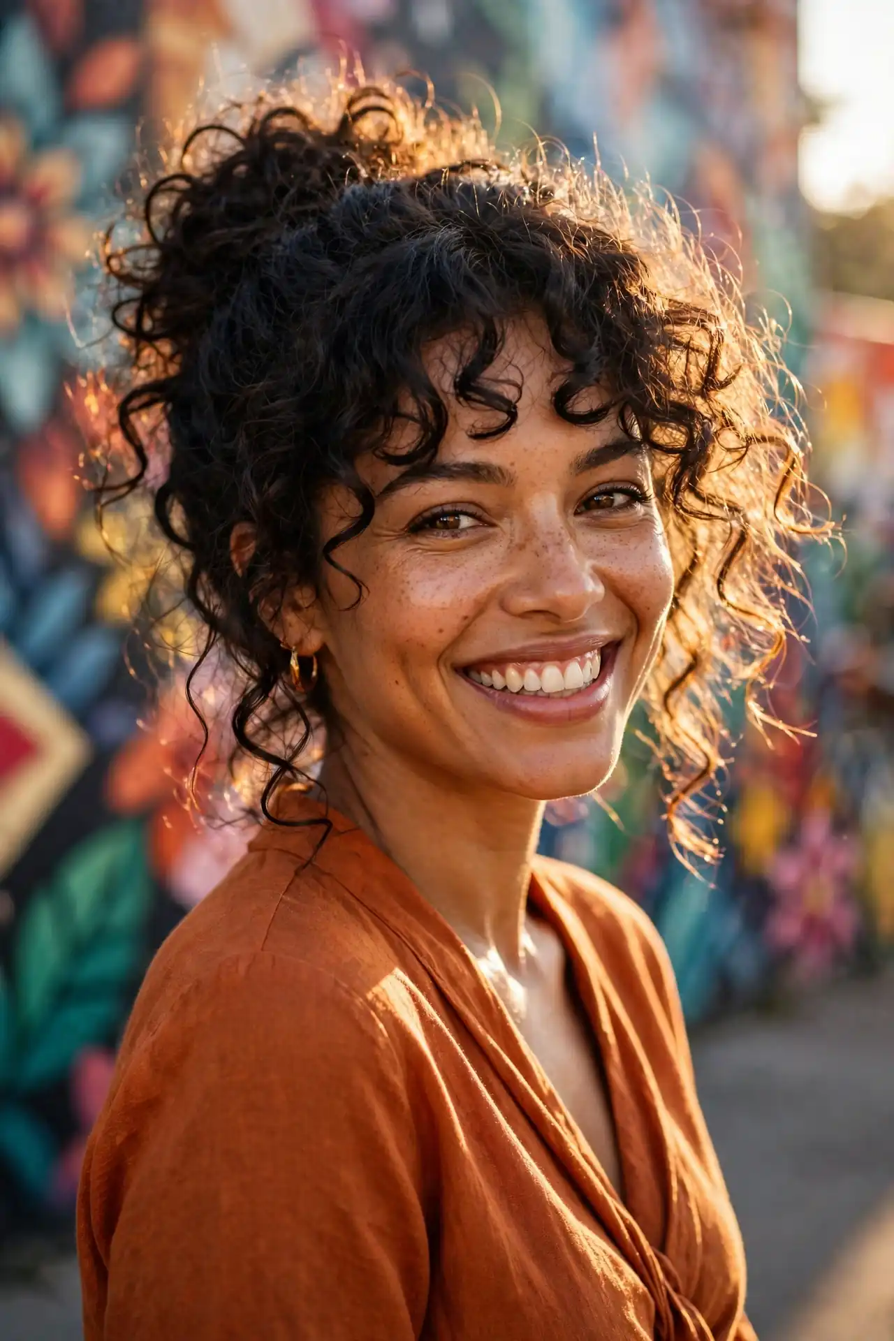 The Curly Bun with Curly Curtain Bangs