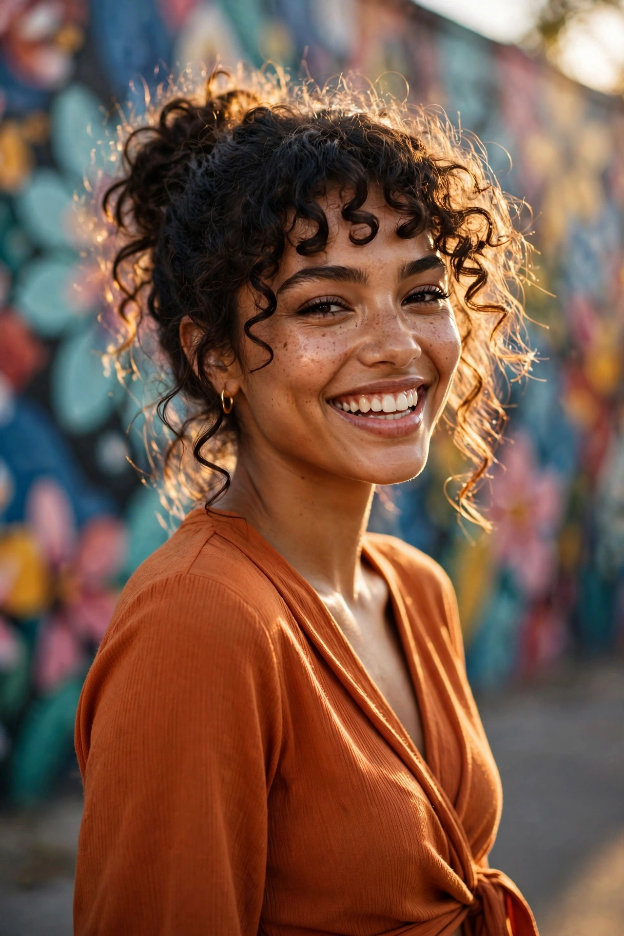 The Curly Bun with Curly Curtain Bangs