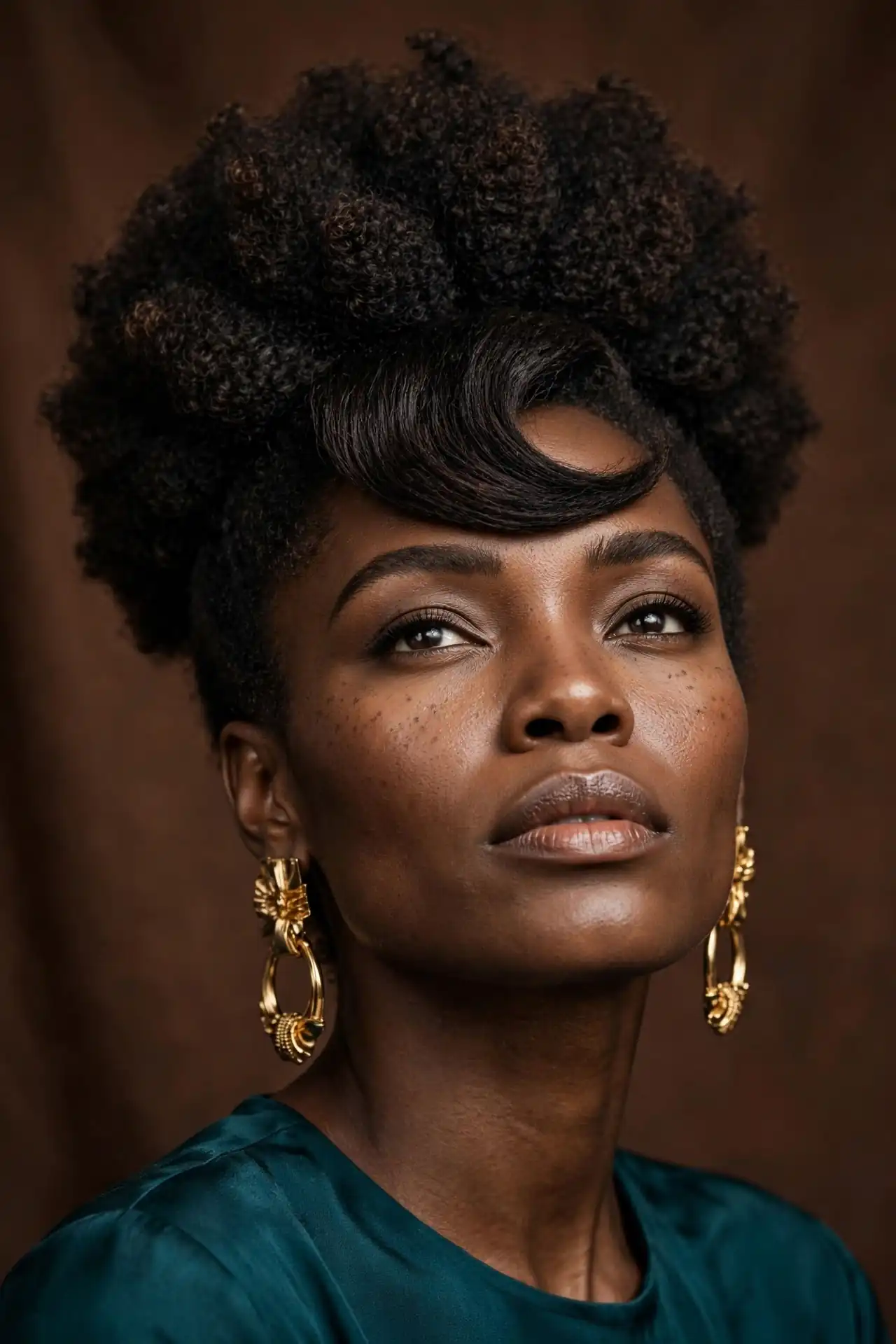 The Coily High Puff with a Swoop Bang