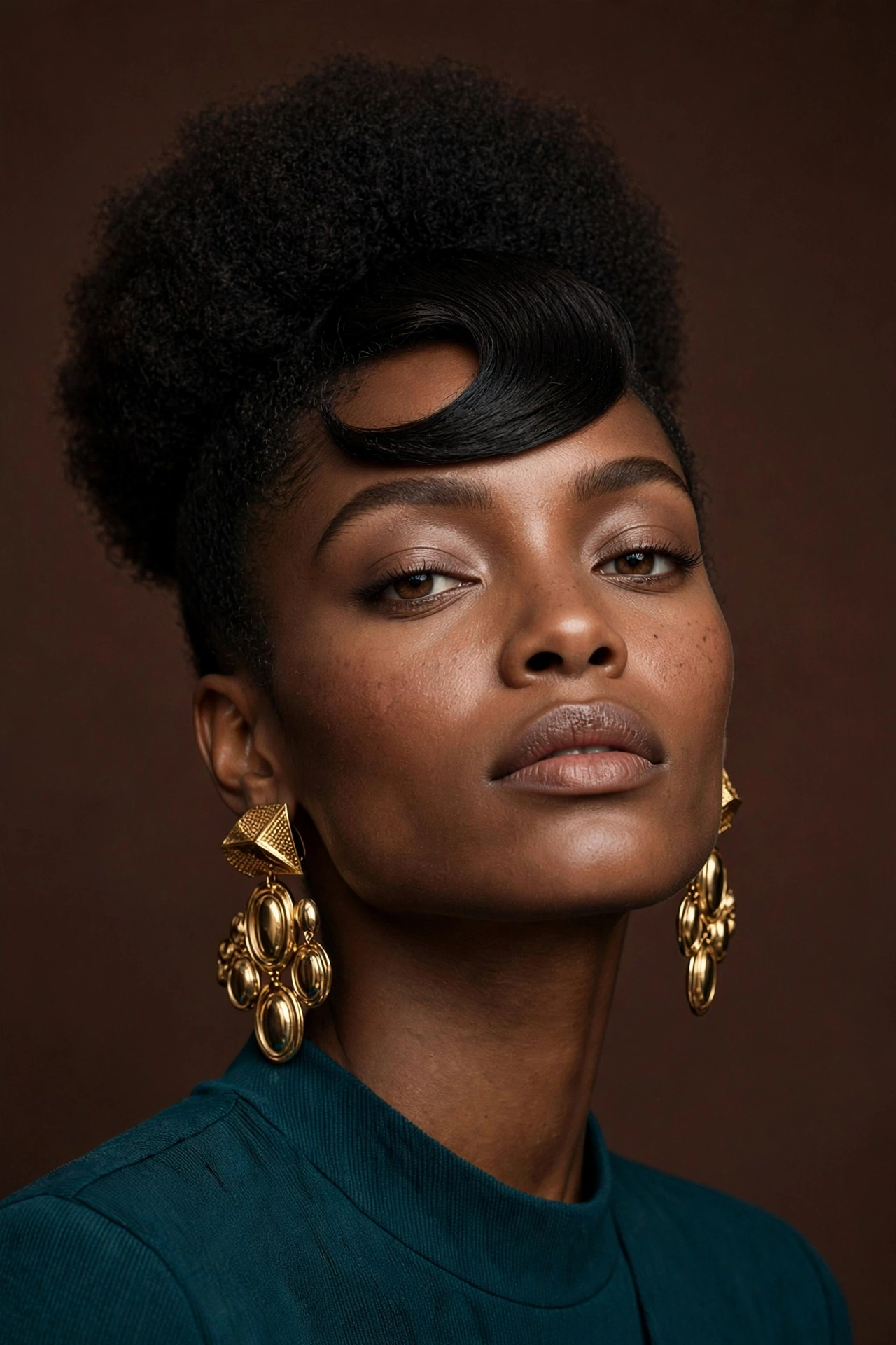 The Coily High Puff with a Swoop Bang