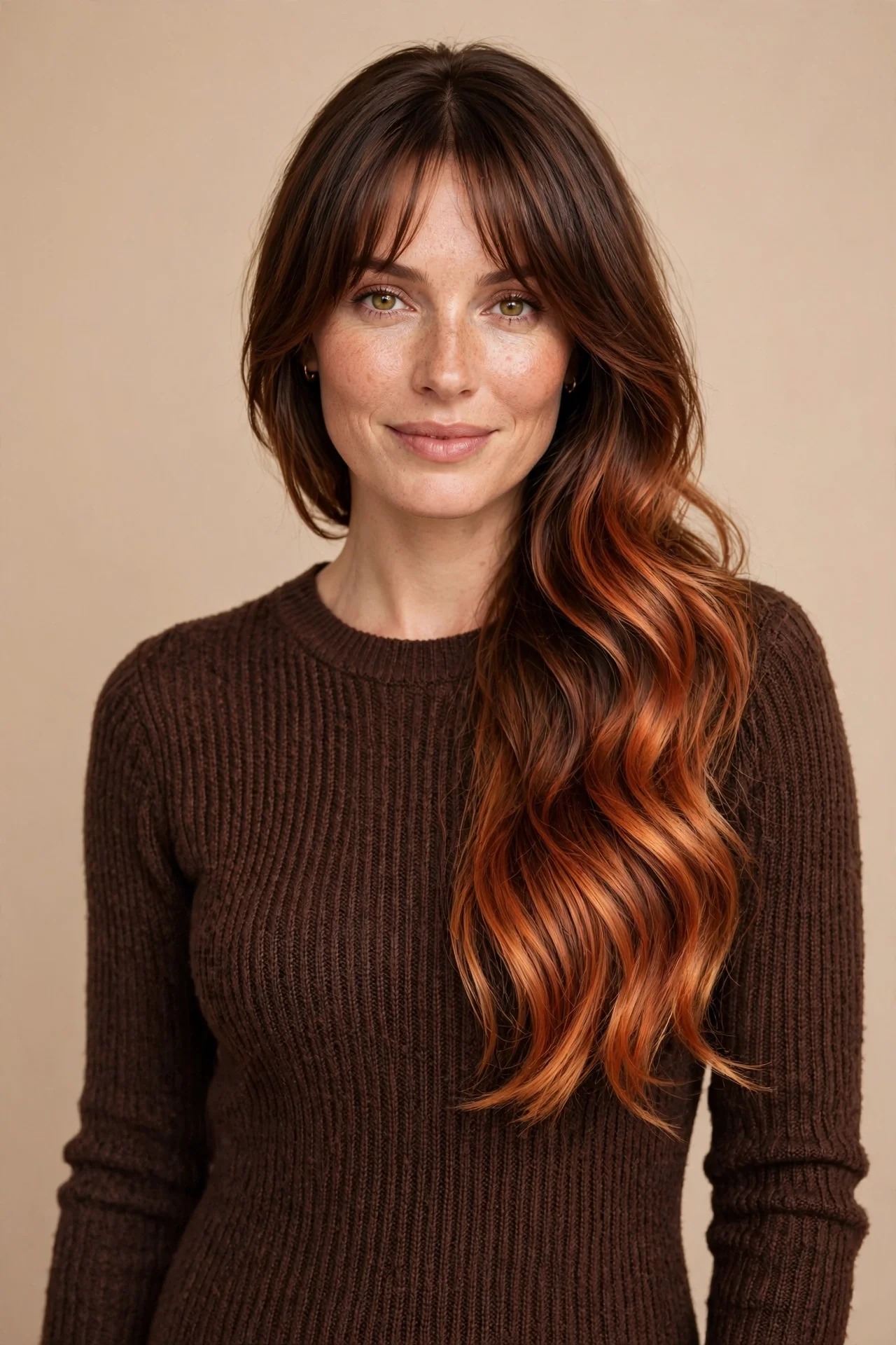 Copper Balayage with Curtain Bangs