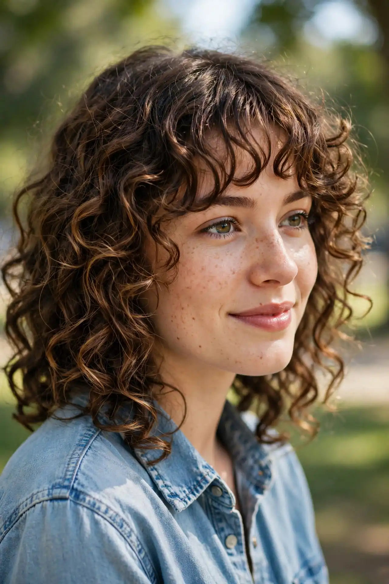 Curly Hair with Curtain Bangs