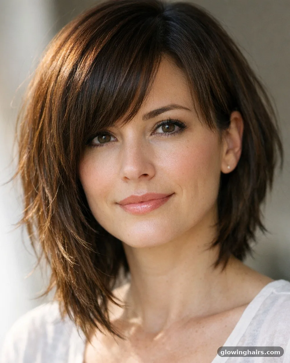 Side-Swept Layers - 10 mid length haircut style for round face