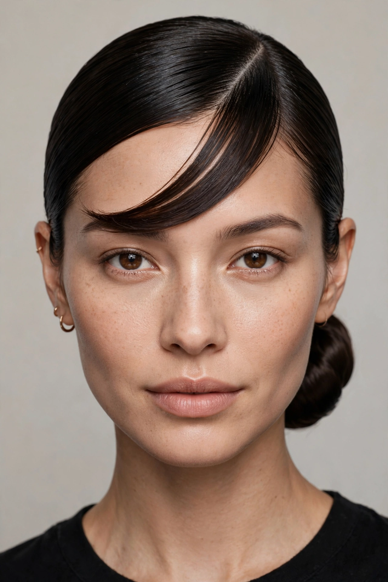 The Middle-Part Sleek Bun with a Side-Swept Fringe
